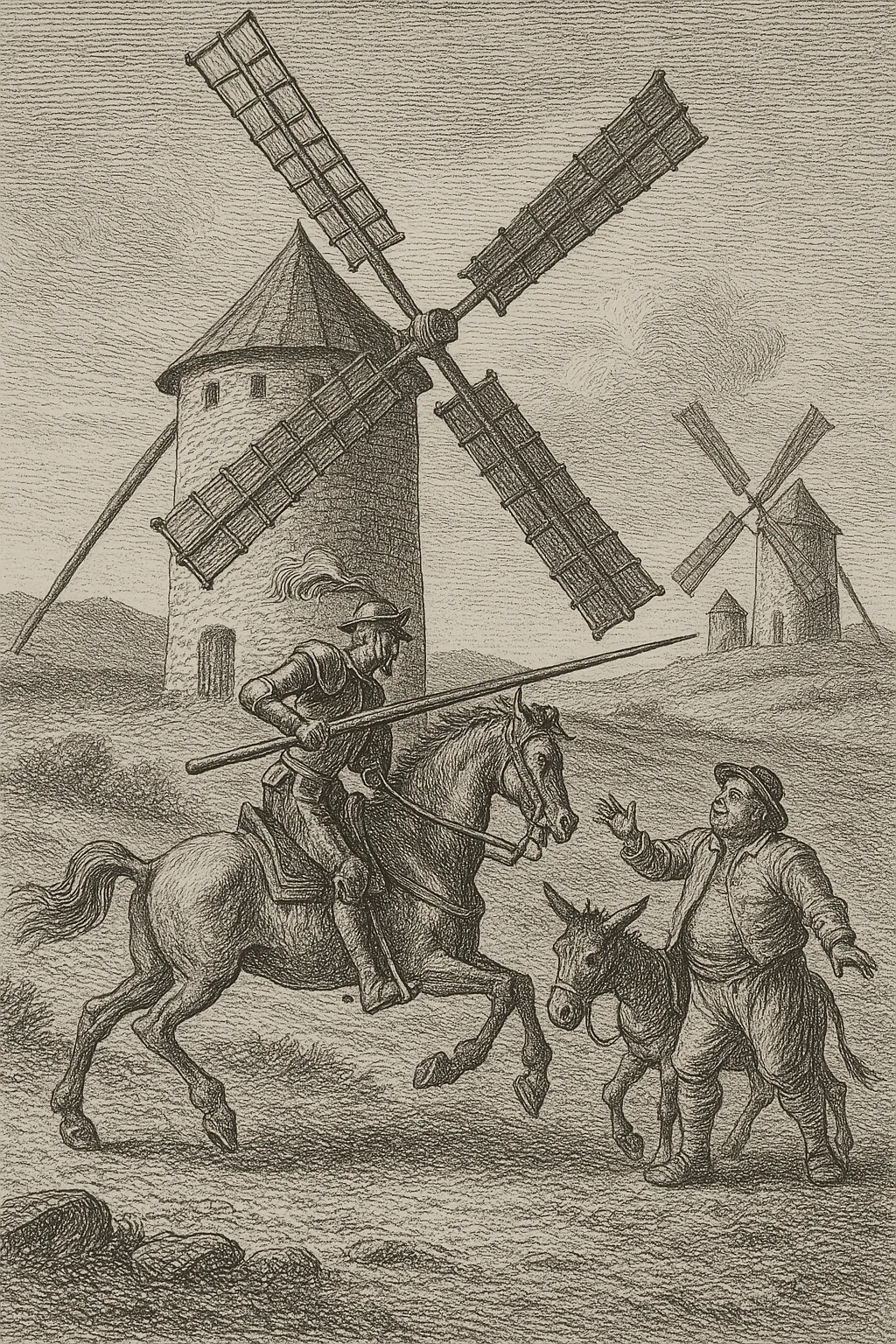 son quijote y sancho panza lucha con los molinos
